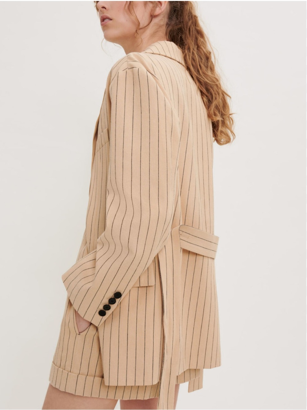 Maje Beige Pinstripe Belted Blazer Jacket